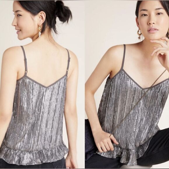 Anthropologie Grey Amelie Beaded Cami Top, Adjustable Straps, ruffled Hem| 8 - Picture 1 of 10